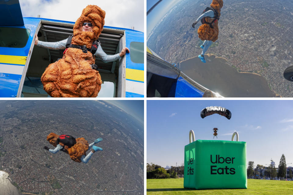 Skydiver in KFC drumstick costume diving into giant Uber Eats bag