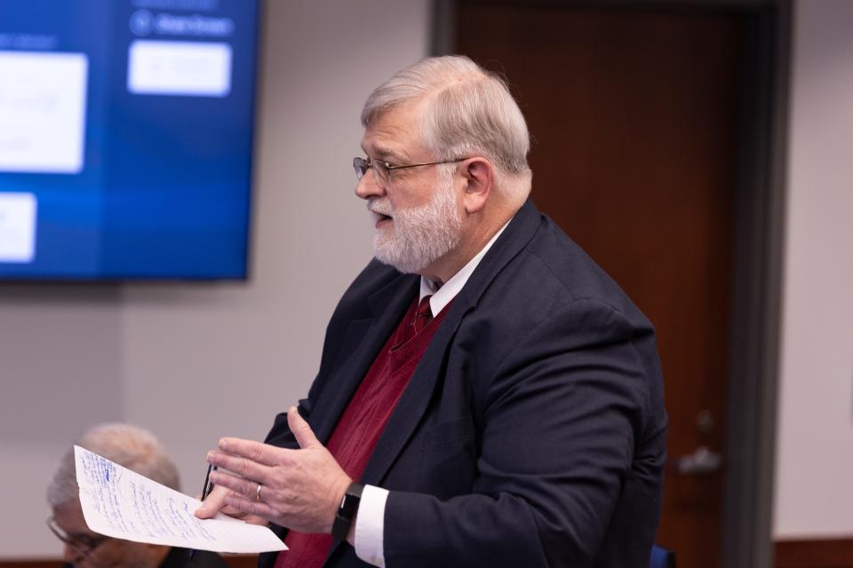 Ottawa County Corporation Counsel David Kallman, of Kallman Legal Group, makes his argument during an evidentiary hearing on Friday, Jan. 19, 2024, in Muskegon County's 14th Circuit Court as part of Ottawa County Health Officer Adeline Hambley's lawsuit against the Ottawa County Board of Commissioners.