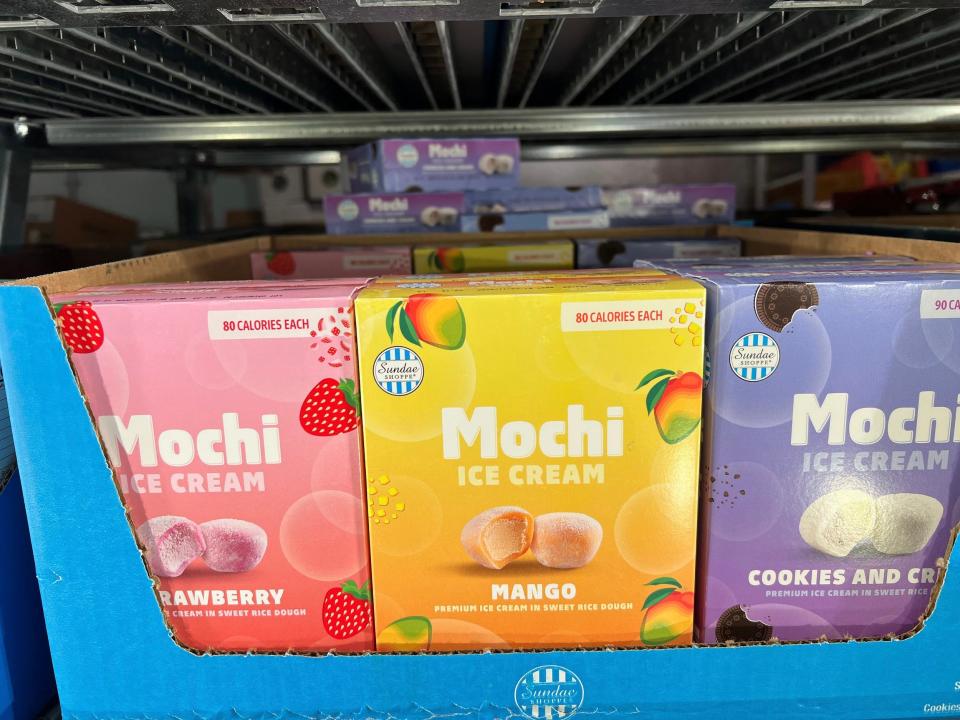 Sundae Shoppe mochi ice cream in strawberry, mango, and cookies-and-cream flavors in blue box at Aldi