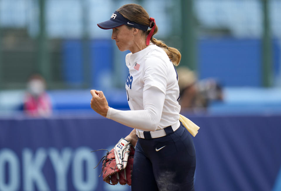 United States' Monica Abbott pitcher react during the softball game between the United States and Canada at the 2020 Summer Olympics, Thursday, July 22, 2021, in Fukushima , Japan. (AP Photo/Jae C. Hong)