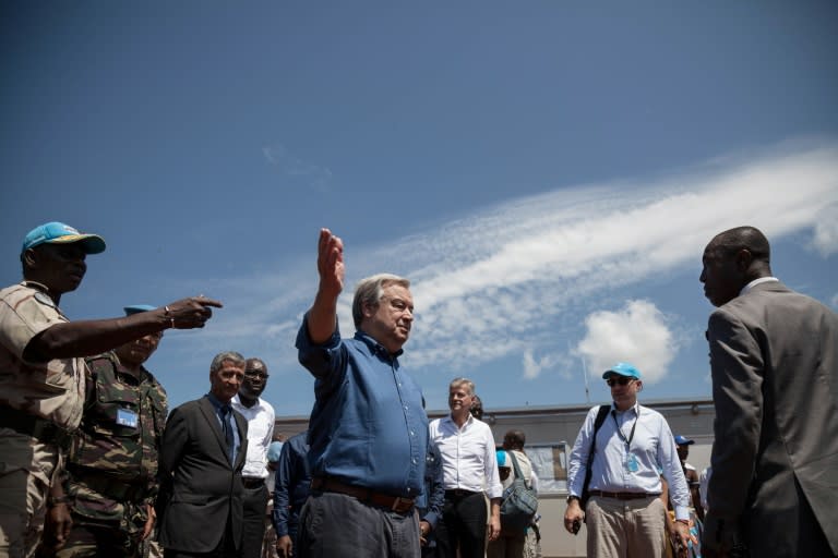 UN Secretary General Antonio Guterres (C), seen here during a recent visit to Bangassou, a notorious hotspot in Central African Republic's bloody conflict, is urging an increase in the size of the UN peacekeeping force in the country