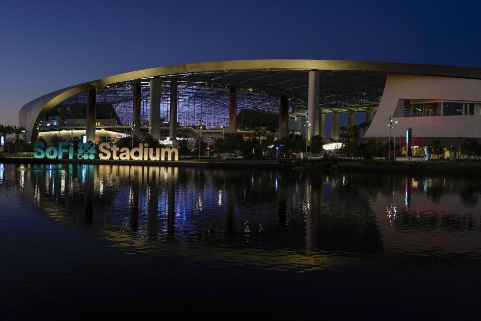 SoFi Stadium stands Friday, Feb. 4, 2022, in Inglewood, Calif. The stadium is the site of NFL football's Super Bowl 56, scheduled to be played Feb. 13. (AP Photo/Morry Gash)