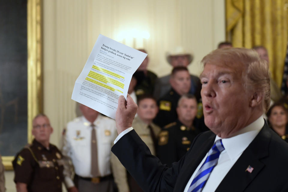 President Donald Trump responds to a reporters question during an event with sheriffs in the East Room of the White House in Washington, Wednesday, Sept. 5, 2018. (AP Photo/Susan Walsh)