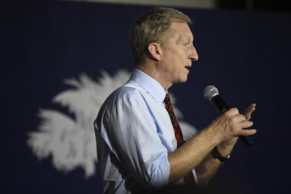 Democratic presidential hopeful Tom Steyer speaks at a campaign event in Florence, S.C., Saturday, Jan. 18, 2020. (AP Photo/Meg Kinnard)