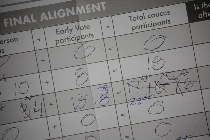 Errors and revisions are seen on a Caucus math poster at a Nevada Caucus voting site at Coronado High School in Henderson