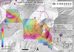 Figure 3: Ground gravity survey results around the A, B and C showings, showing the residual Bouguer anomaly following a first order trend removal.