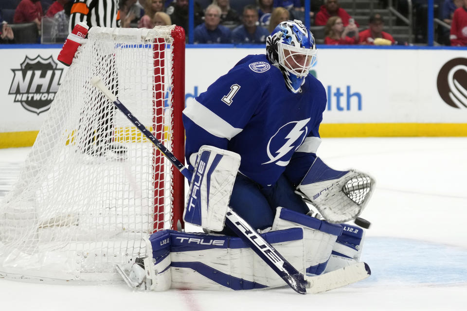 Tampa Bay Lightning goaltender Brian Elliott (1) makes a save on a shot by the Detroit Red Wings during the third period of an NHL hockey game Thursday, April 13, 2023, in Tampa, Fla. (AP Photo/Chris O'Meara)