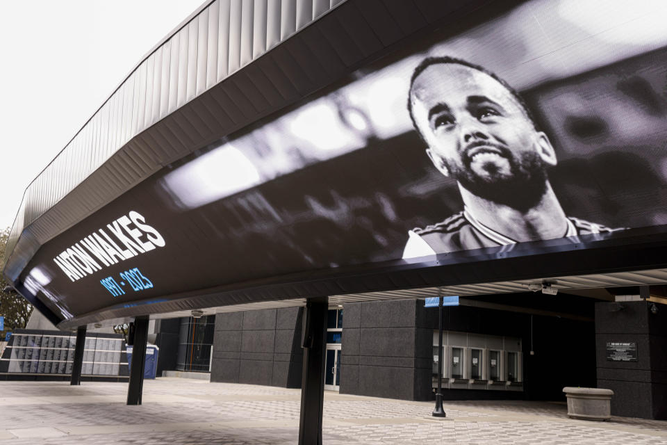 An image of Charlotte Football Club soccer player Anton Walkes is shown on Bank of America Stadium in Charlotte, N.C., Thursday, Jan. 19, 2023. Walkes died from injuries he sustained in a boat crash off the coast of Miami, authorities said Thursday. (AP Photo/Nell Redmond)