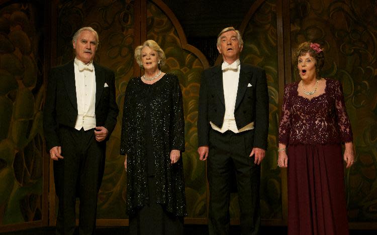 This film image released by The Weinstein Company shows, from left, Billy Connolly, Maggie Smith, Tom Courtenay and Pauline Collins in a scene from "Quartet." (AP Photo/The Weinstein Company, Kerry Brown)