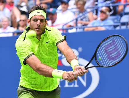 Sep 5, 2016; New York, NY, USA; Juan Martin Del Potro of Argentina hits to Dominic Thiem of Austria on day eight of the 2016 U.S. Open tennis tournament at USTA Billie Jean King National Tennis Center. Mandatory Credit: Robert Deutsch-USA TODAY Sports