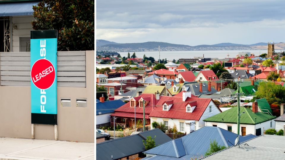 A composite image of a sign out the front of a property indicating it was for rent but has been leased and rooftops of a suburb in Hobart.