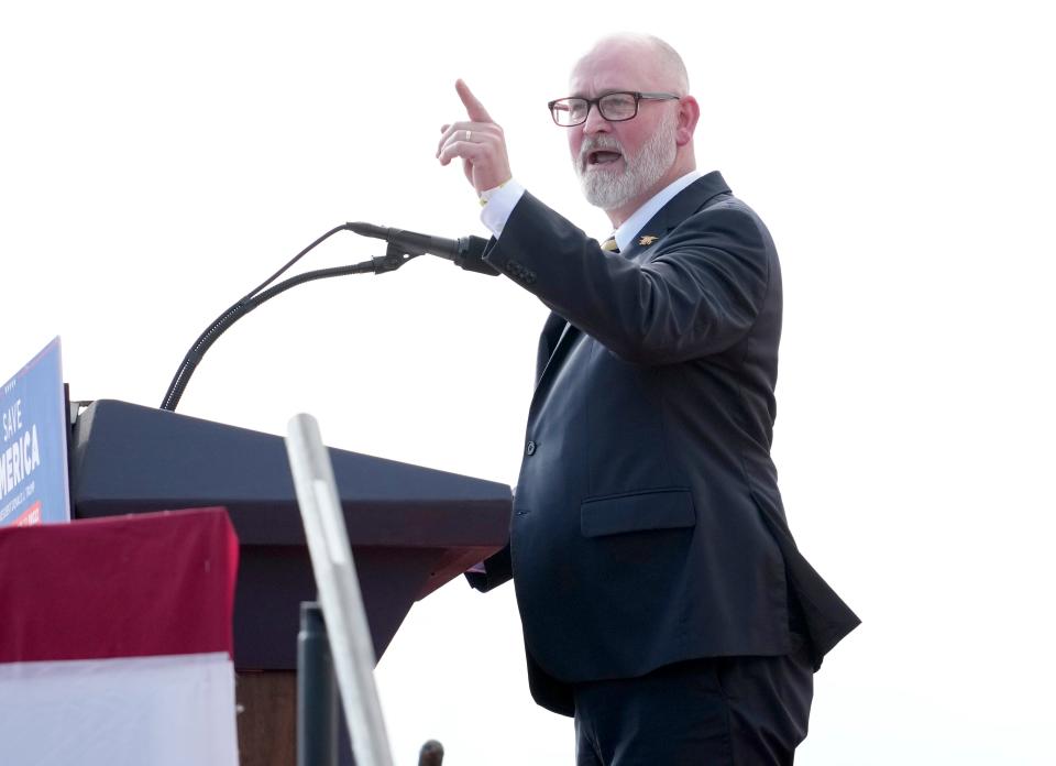 U.S. Rep. Derrick Van Orden speaks at the Waukesha County Fairgrounds on Aug. 5, 2022.