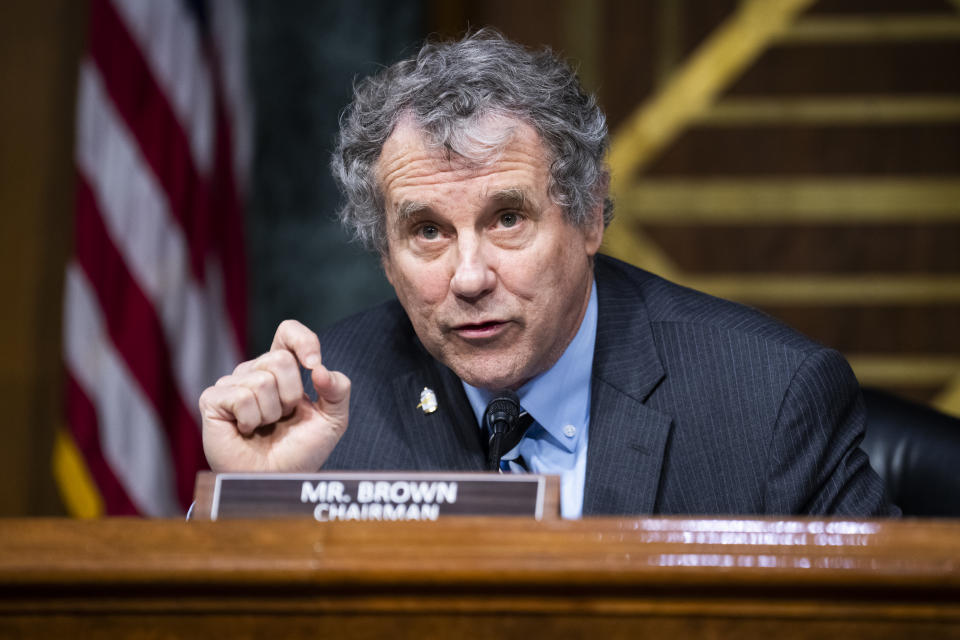 Sen. Sherrod Brown speaks during a Senate Banking Committee confirmation hearing on January 13, 2022. (Photo By Tom Williams/CQ-Roll Call, Inc via Getty Images)