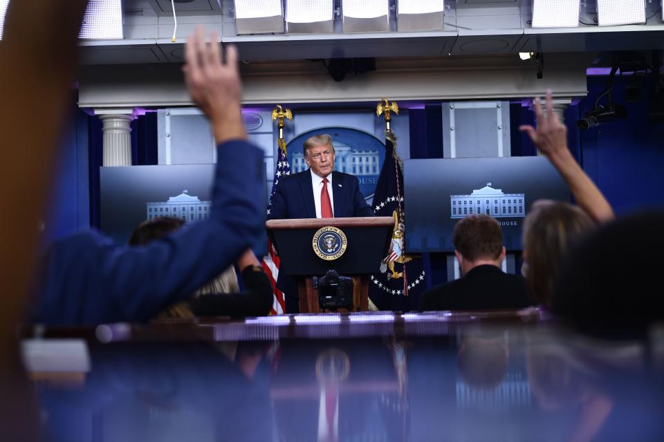 US President Donald Trump speaks to the press in the Brady Briefing Room of the White House in Washington, DC, on August 10, 2020. - Secret Service guards shot a person, who was apparently armed, outside the White House on Monday, President Donald Trump said just after being briefly evacuated in the middle of a press conference. The president was abruptly ushered out of the press event and black-clad secret service agents with automatic rifles rushed across the lawn north of the White House. Minutes later, Trump reappeared at the press conference, where journalists had been locked in, and announced that someone had been shot outside the White House grounds. Trump said he knew nothing about the identity or motives of the person shot, but when asked if the person had been armed, answered: "From what I understand, the answer is yes." (Photo by Brendan Smialowski / AFP) (Photo by BRENDAN SMIALOWSKI/AFP via Getty Images)