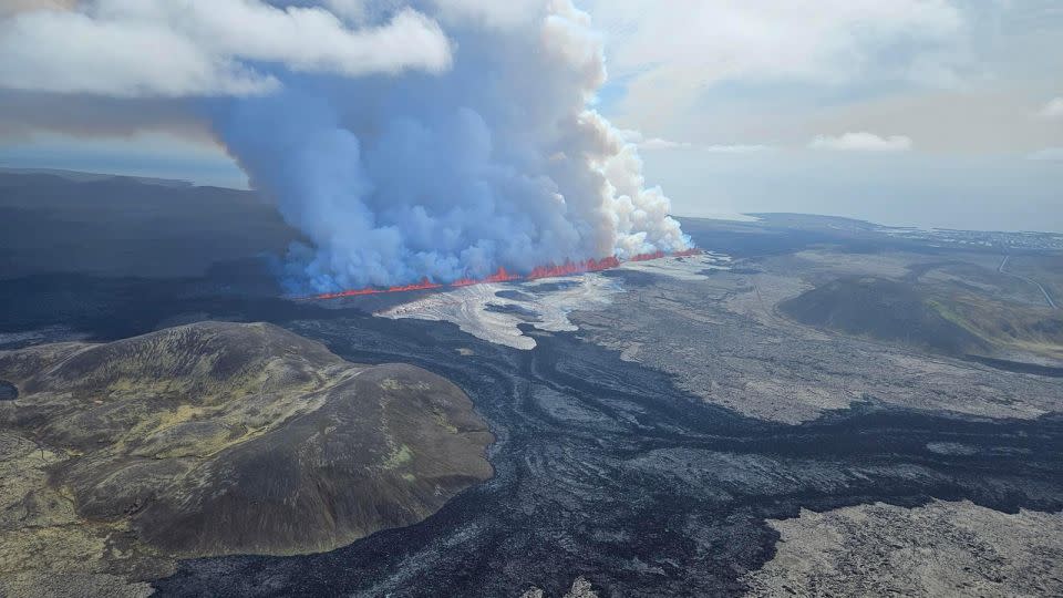 Another volcanic eruption is seen from a helicopter flight for the fifth time since December on the Reykjanes peninsula in southwestern Iceland on May 29, 2024. - Almannavarnadeild/Anadolu/Getty Images