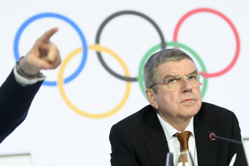 International Olympic Committee (IOC) president Thomas Bach attends a press conference after the executive board meeting of the IOC at the Olympic House, in Lausanne, Switzerland, Thursday, Jan. 9, 2020. (Laurent Gillieron/Keystone via AP)