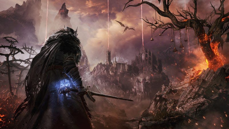 A warrior cloaked in black approaches an ominous castle. 