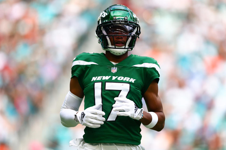 MIAMI GARDENS, FLORIDA - DECEMBER 17: Garrett Wilson #17 of the New York Jets looks on during the first half of the game against the Miami Dolphins at Hard Rock Stadium on December 17, 2023 in Miami Gardens, Florida. (Photo by Megan Briggs/Getty Images)