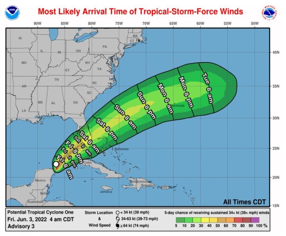 Most likely arrival time of tropical storm-force winds.