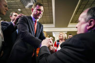 Tom Kean Jr., GOP candidate for New Jersey’s 7th Congressional District, shakes hands with a supporter at his election night party held in Basking Ridge N.J., Tuesday, Nov. 8, 2022. (AP Photo/Stefan Jeremiah)