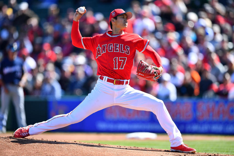 Shohei Ohtani pitches for the Los Angeles Angels during a spring training game in 2018. (Masterpress / Getty Images)