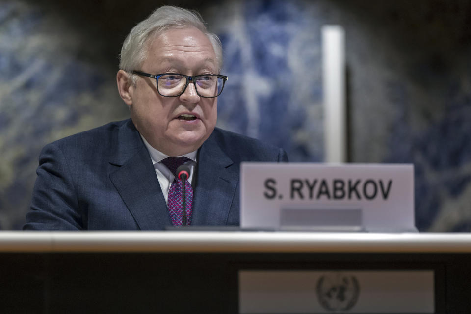Russian Deputy Minister of Foreign Affairs Sergei Ryabkov delivers his speech during a session of the Conference on Disarmament at the European headquarters of the United Nations in Geneva, Switzerland, Thursday, March 2, 2023. (Martial Trezzini/Keystone via AP)