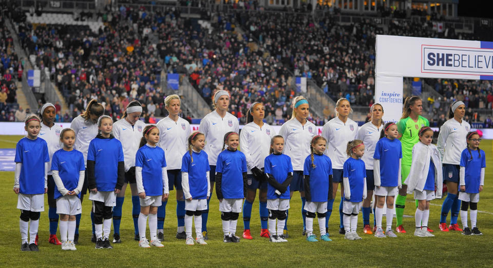 The United States standing for the national anthem  during the She Believes Cup football match between The United States and Japan at Talen Energy Stadium on February 27, 2019 in Chester, Pennsylvania, United States. (Photo by Action Foto Sport/NurPhoto via Getty Images)