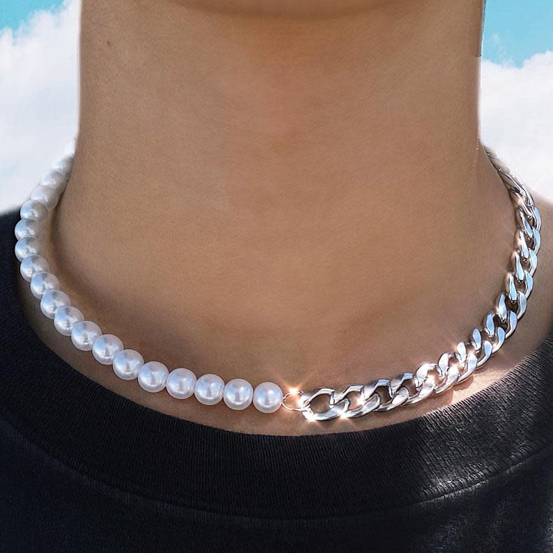 Half and Half Pearl and Cuban Necklace. Image via Etsy.