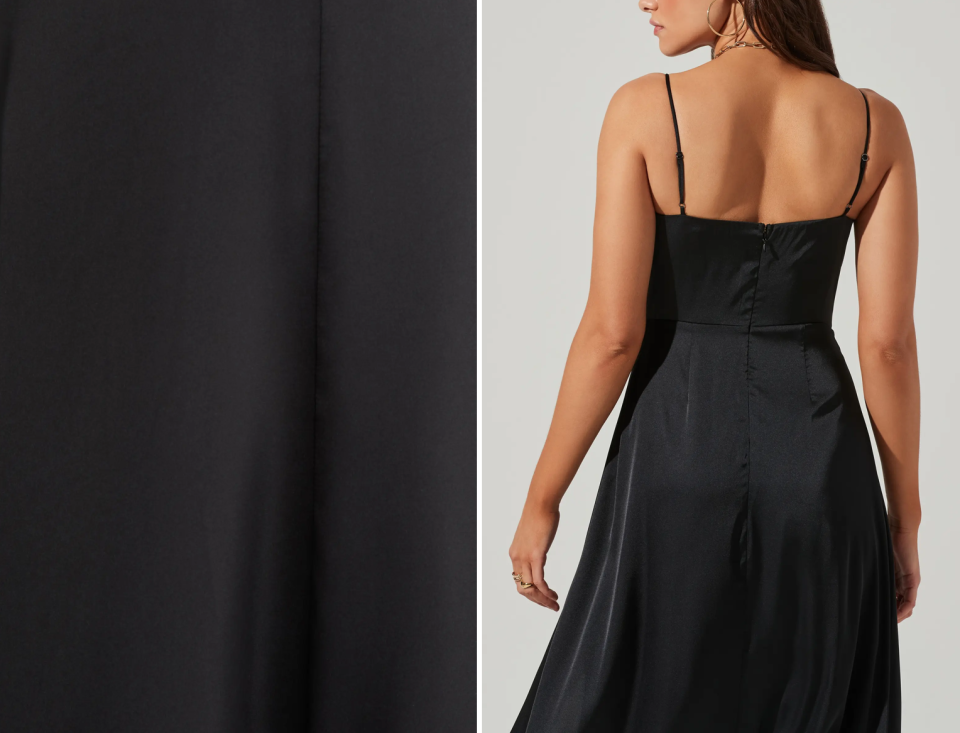 A close-up of the fabric and fit of the ASTR the Label Bustier Satin Dress in black. 