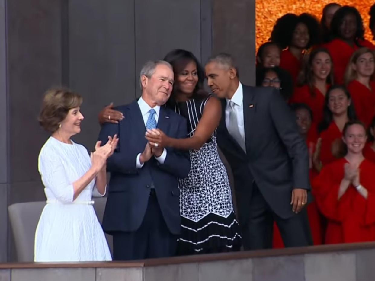 <p>Former US presidents George W. Bush and Barack Obama with former first ladies Barbara Bush and Michelle Obama in 2016</p> (CBS Sunday Morning)
