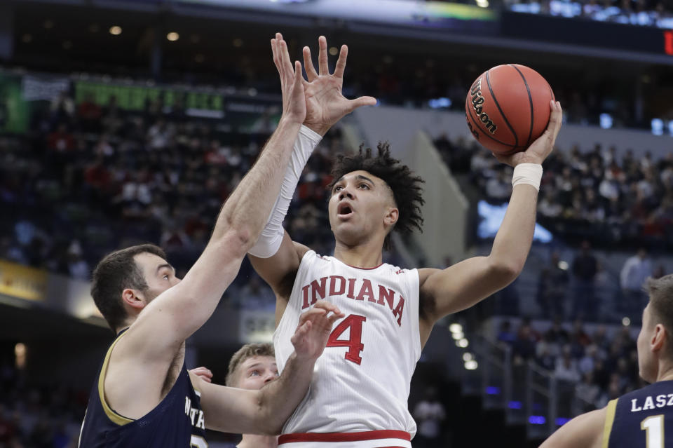 Indiana's Trayce Jackson-Davis (4) shoots over Notre Dame's John Mooney (33) during the second half of an NCAA college basketball game, Saturday, Dec. 21, 2019. Indiana won 62-60 (AP Photo/Darron Cummings)