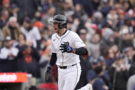 Detroit Tigers' Matt Vierling rounds the bases after a solo home run during the fourth inning of a baseball game against the Oakland Athletics, Friday, April 5, 2024, in Detroit. (AP Photo/Carlos Osorio)