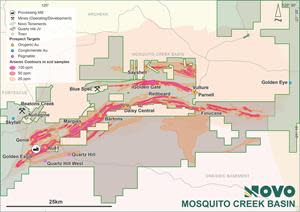 Novo tenement map highlighting mineralised corridors delineated by arsenic in soils contours