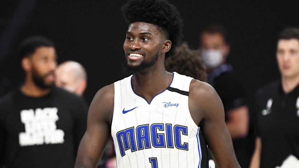 Jonathan Isaac is pictured smiling during Orlando's win over the Brooklyn Nets.