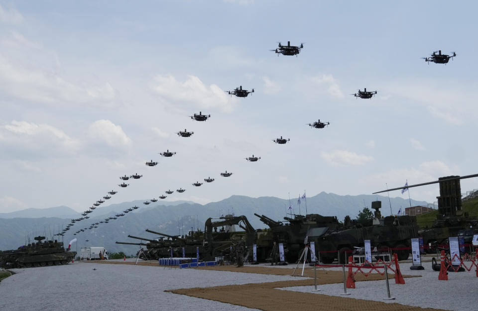 The South Korean army's drones fly during South Korea-U.S. joint military drills at Seungjin Fire Training Field in Pocheon, South Korea, Thursday, May 25, 2023. The South Korean and U.S. militaries held massive live-fire drills near the border with North Korea on Thursday, despite the North's warning that it won't tolerate what it calls such a hostile invasion rehearsal on its doorstep. (AP Photo/Ahn Young-joon)