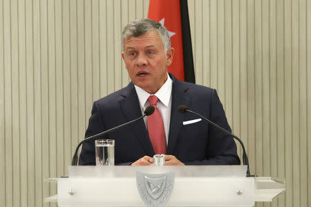 Jordan's King Abdullah speaks during a news conference at the Presidential Palace in Nicosia, Cyprus January 16, 2018. REUTERS/Yiannis Kourtoglou