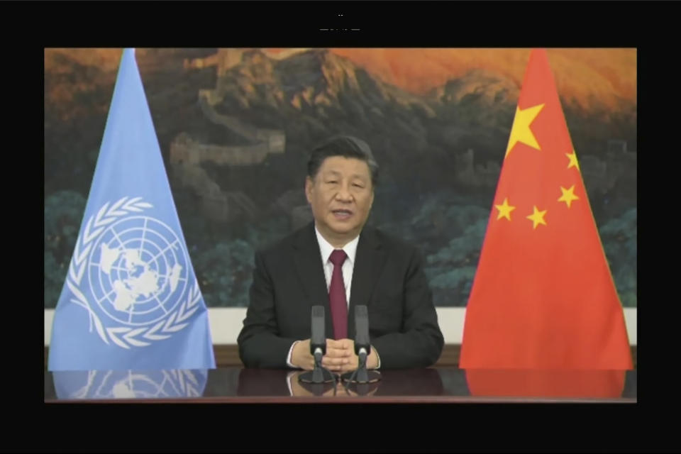 In this image taken from video released by Convention on Biological Diversity, Chinese President Xi Jinping speaks at a video conference of the U.N. Biodiversity Conference (COP 15) in Kunming in southwestern China's Yunnan province Tuesday, Oct 12, 2021. China has pledged $230 million to establish a fund to protect biodiversity in developing countries. President Xi Jinping made the announcement at the U.N. conference on biodiversity in Kunming, China. (Convention on Biological Diversity, via AP)