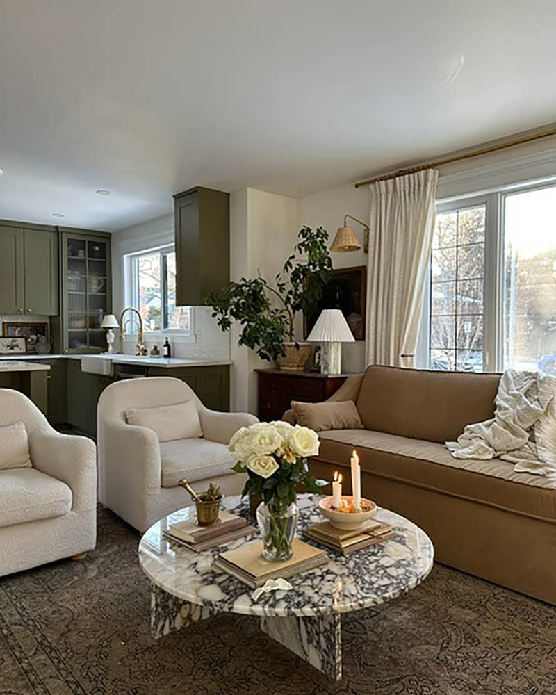 Marble coffee table in newly renovated living room.