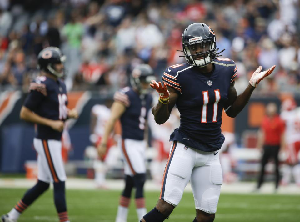 Chicago Bears' Kevin White celebrates his touchdown catch during the first half of a preseason NFL football game against the Kansas City Chiefs Saturday, Aug. 25, 2018, in Chicago. (AP Photo/Annie Rice)