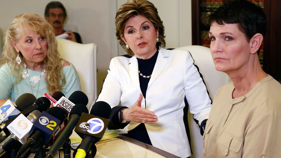 Attorney Gloria Allred, center, with clients, Rebecca Neal, left, and Beth Ferrier, right, two of Bill Cosby's accusers have who testified against Cosby in 2005 sex assault suit, announce they have joined a court bid to have Bill Cosby's full testimony from a 2005 sexual-battery lawsuit unsealed. Photo: AP Photo/Nick Ut