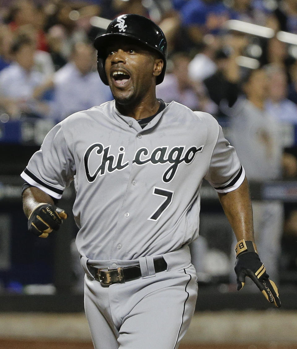 FILE - Chicago White Sox's Jimmy Rollins (7) reacts after scoring against the New York Mets on a base hit by Brett Lawrie during the eighth inning of a baseball game, Tuesday, May 31, 2016, in New York. Former Dodgers catcher Mike Scioscia will manage the National League team of prospects and retired shortstop Jimmy Rollins will lead the American League group at the All-Star Futures Game in Los Angeles on July 17, 2022. (AP Photo/Julie Jacobson, File)