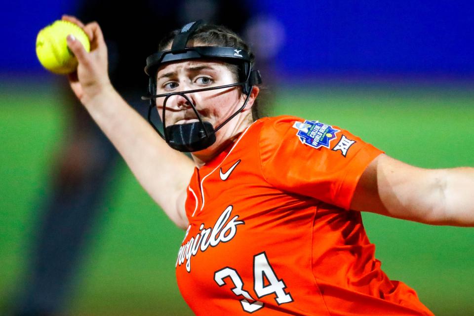 Oklahoma State pitcher Kyra Aycock (34) pitches in the sixth inning during a softball game between Oklahoma State Cowgirls (OSU) and the Florida State Seminoles in the Women's College World Series at USA Softball Hall of Fame Stadium in Oklahoma City, on Thursday, June 1, 2023.