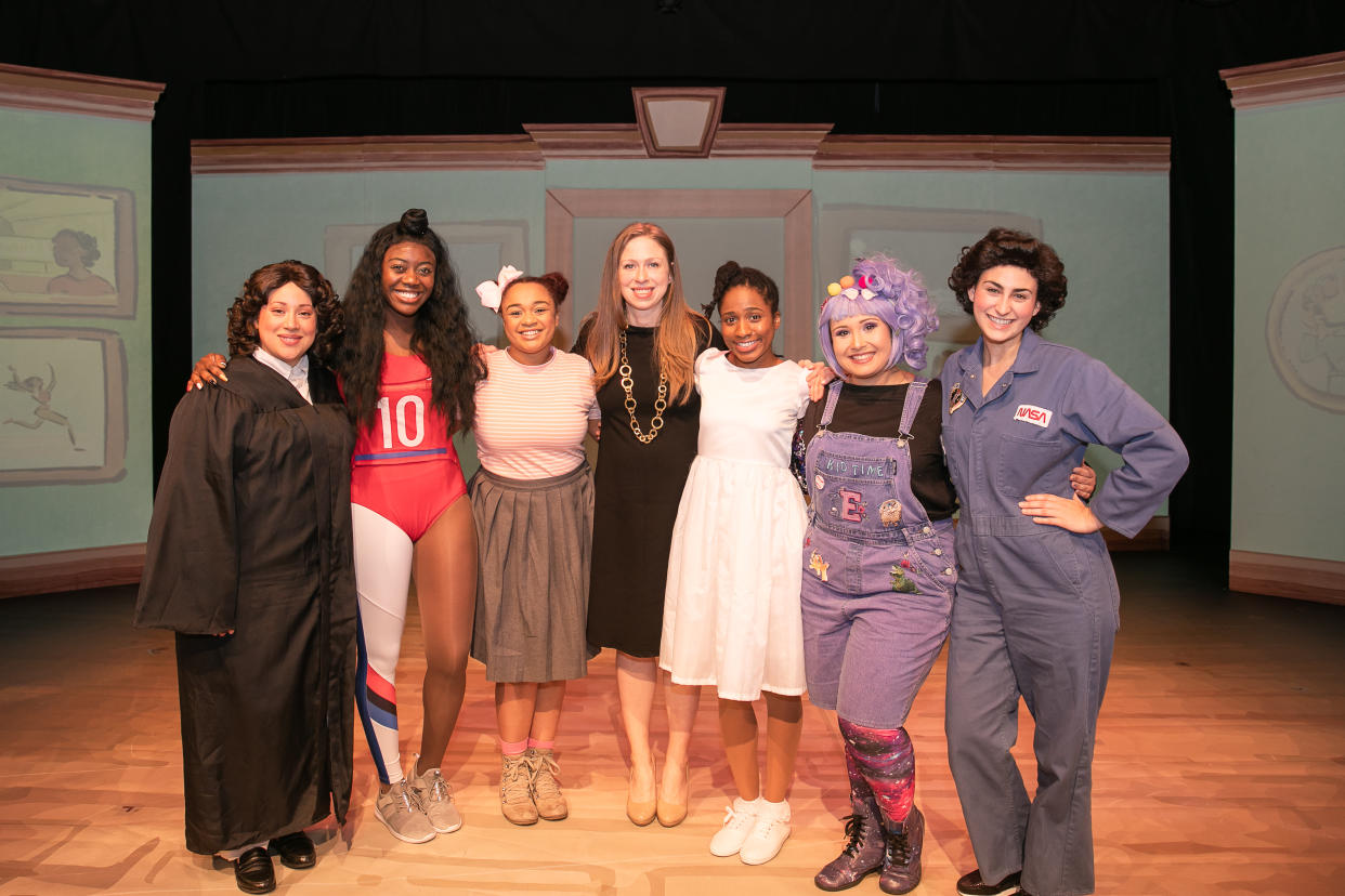 Chelsea Clinton, center, with the cast o<em>f She Persisted, the Musical</em> at Bay Area Children’s Theatre in Oakland, Calif. (Photo: Kristin Dokoza)