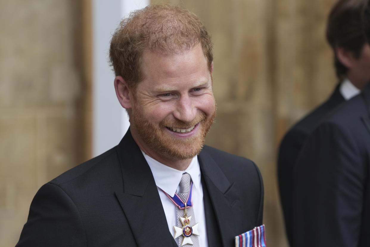 Prince Harry leaves Westminster Abbey after the Coronation of King Charles III in London, Saturday, May 6 2023. (Dan Charity/Pool Photo via AP)