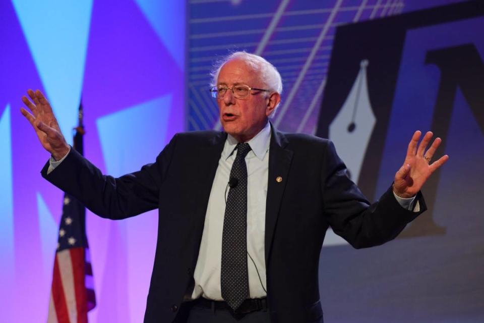 Vermont Sen. Bernie Sanders takes questions from panelists as he participates in the Democratic presidential candidates’ forum at a National Association of Black Journalists conference on Aug. 8, 2019, in Aventura, Florida.