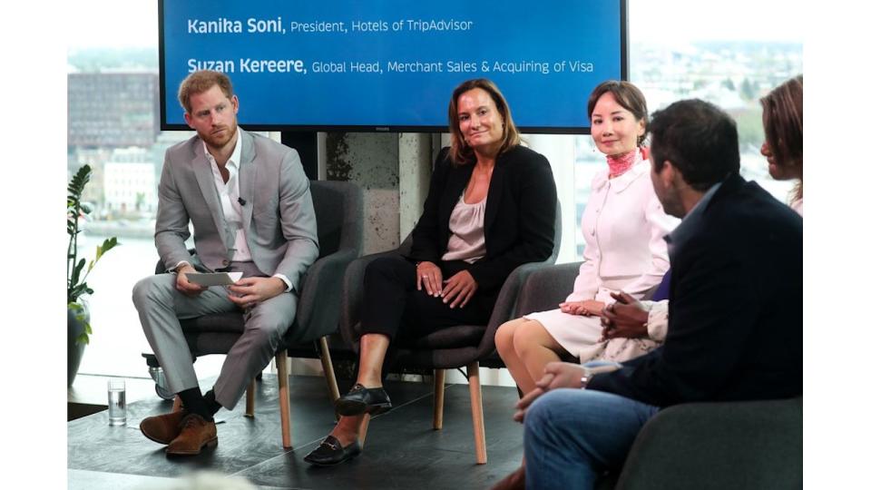 Prince Harry, Duke of Sussex speaks to Chairwoman of booking.com Gillian Tans, CEO Ctrip Jane Sun, President Hotels TripAdvisor Kanika Soni, Global Head of Merchand Sales and Acquiring VISA Suzan Kereere and CEO Skyscanner Bryan Dove as they announce a partnership between Booking.com, SkyScanner, CTrip, TripAdvisor and Visa called Travalyst