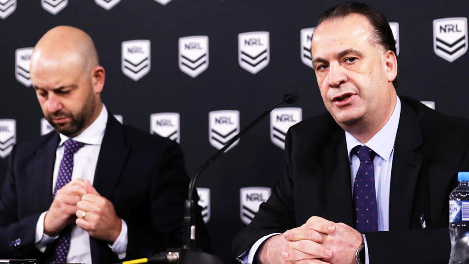 NRL CEO Todd Greenberg and ARLC Chairman Peter V'landys, pictured here addressing the media.