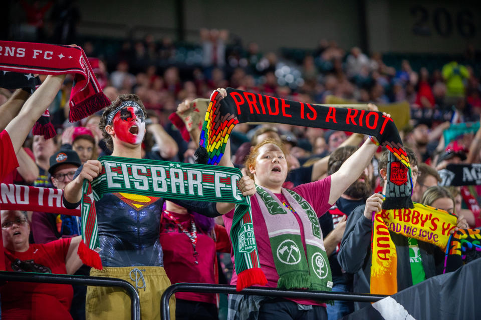 PORTLAND, OR - SEPTEMBER 11: Portland Thorns fans cheer during the North Carolina Courage 6-0 rout over the Portland Thorns at Providence Park, on September 11, 2019, in Portland, OR. (Photo by Diego Diaz/Icon Sportswire via Getty Images).