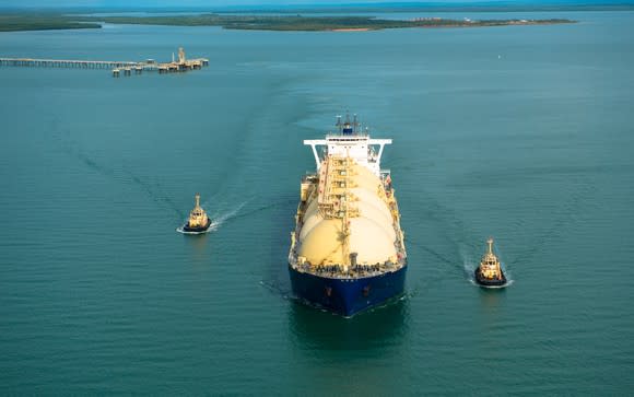 An LNG tanker departing an export facility.