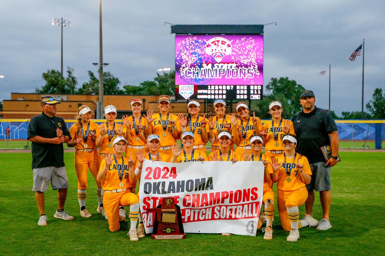 Caddo celebrates winning the Class 3A slow pitch championship game between Caddo and Rattan at the USA Softball Hall of Fame Complex in Oklahoma City on Wednesday, May 1, 2024.